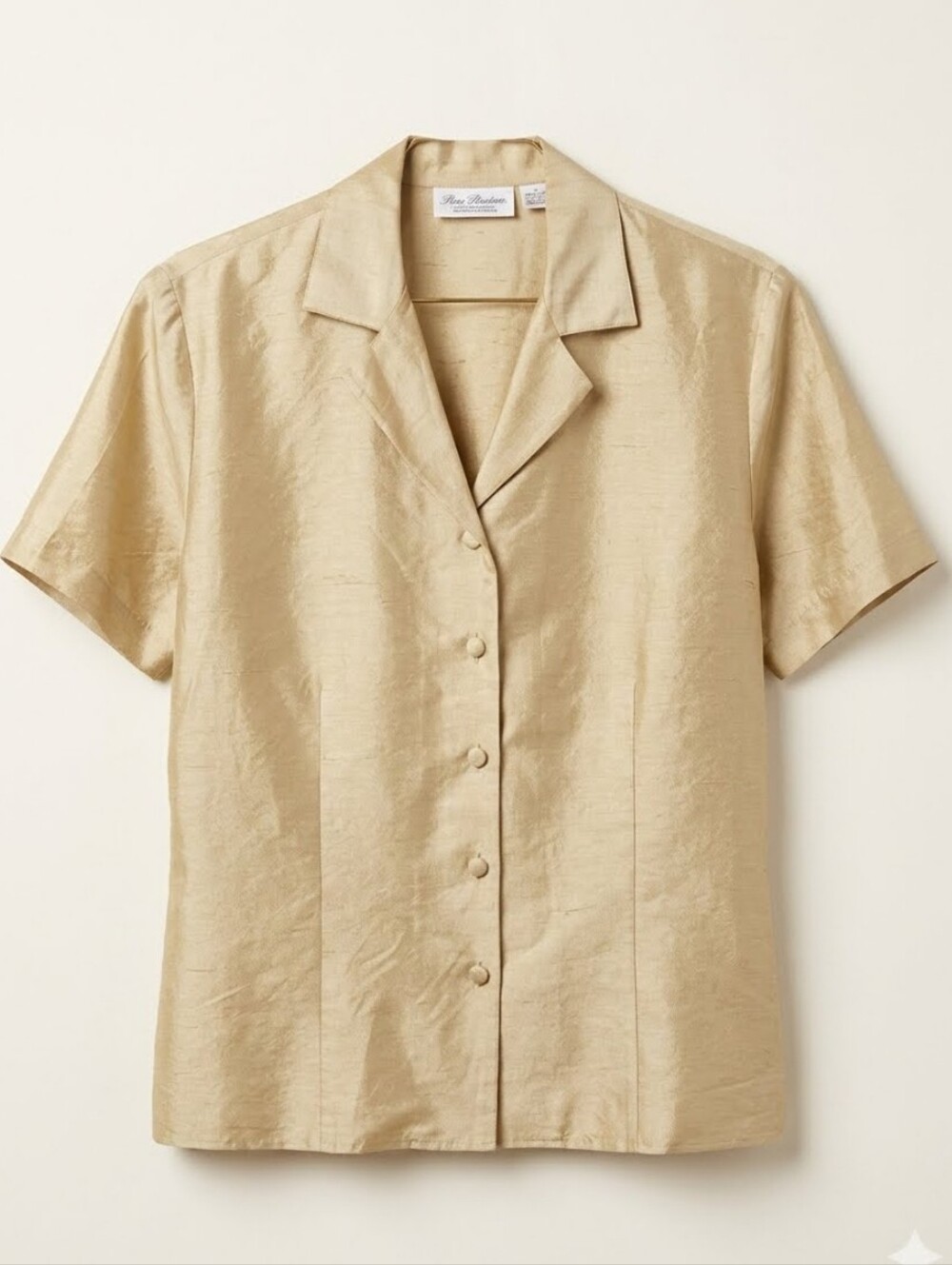 New York City Design Co. Light Gold Short Sleeve Button-Up Silk Blouse Sz L